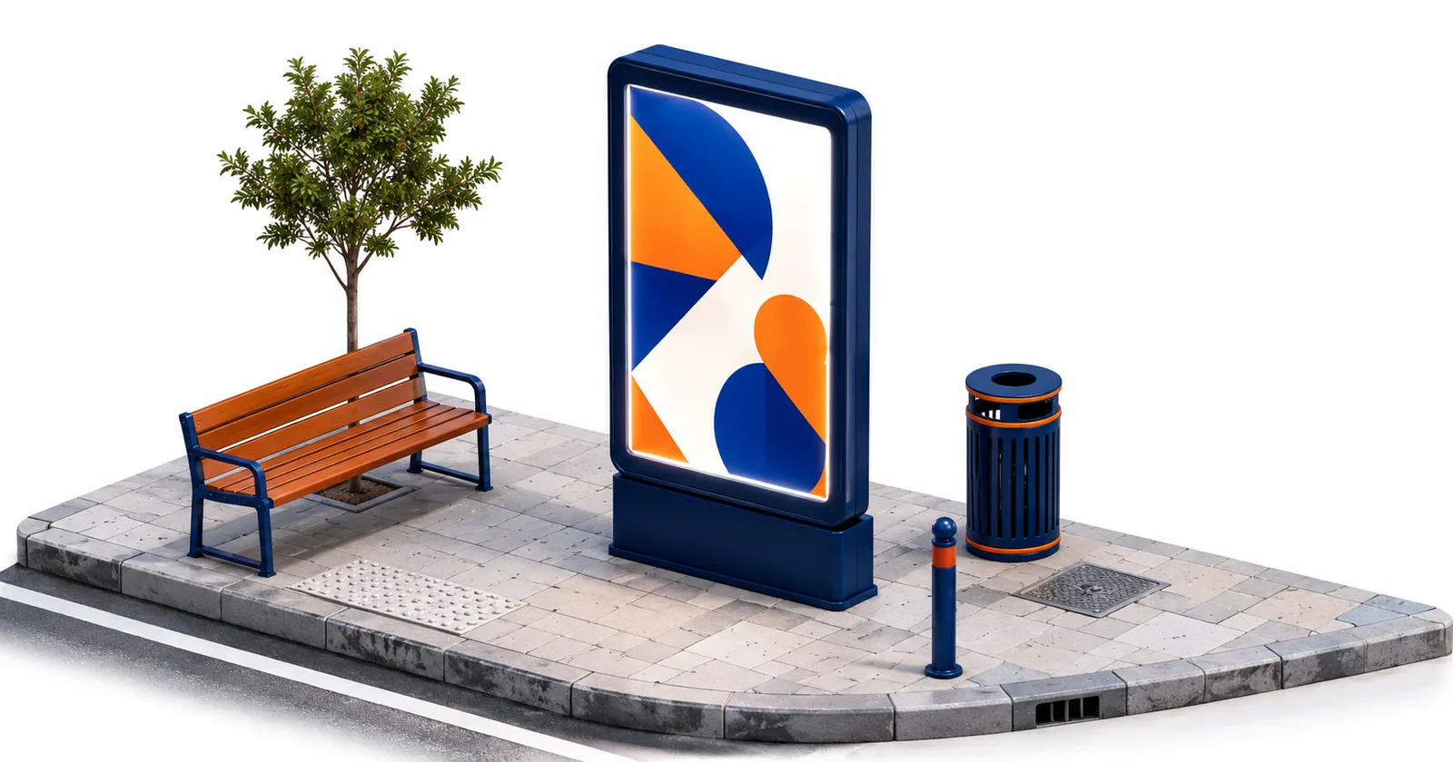 Mupi iluminado en una acera española con etiquetas de sus nombres internacionales: citylight, 6-sheet y street furniture
