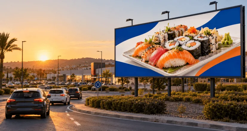 Publicidad para restaurante de sushi: valla publicitaria en la avenida de acceso a una ciudad española con coches entrando al atardecer